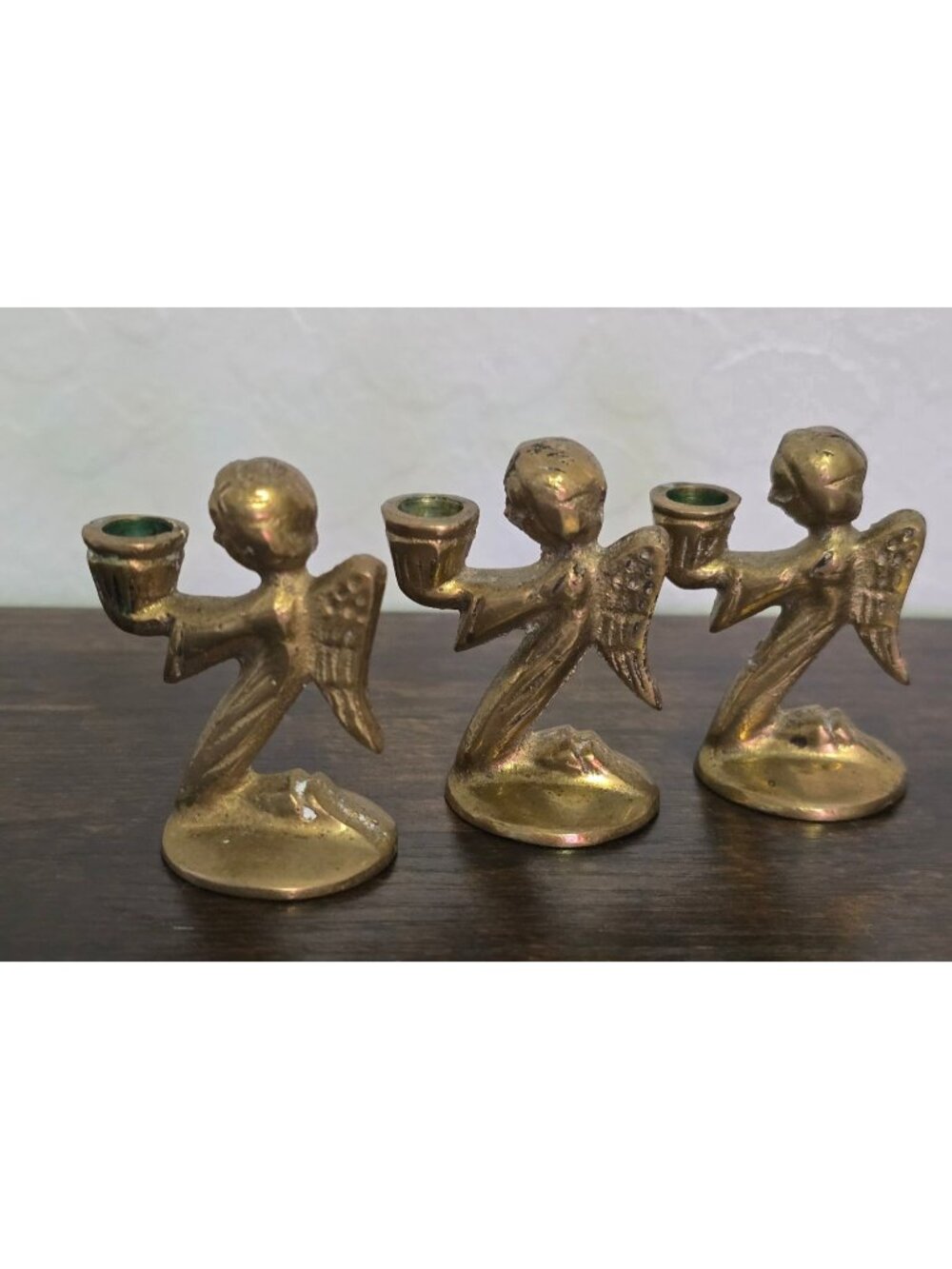 Set Of 3 Vintage Brass Angel Candle Holders With Wing Detail Miniature Figurines
